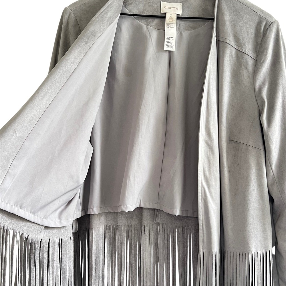 Chico's Size 2 Gray Faux Suede Fringe Jacket Open Front Western Boho Career - Picture 3 of 8